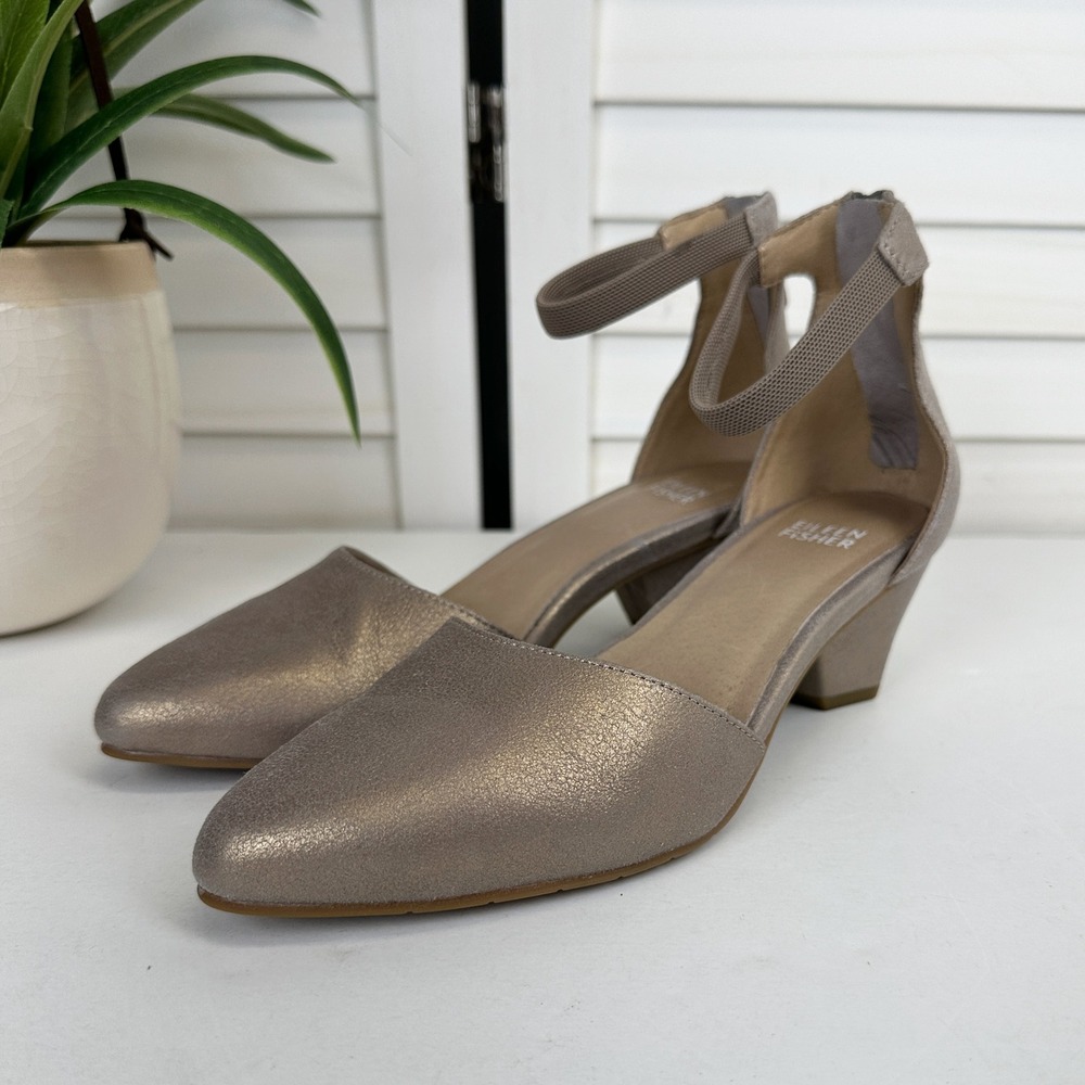 Eileenβ Fisher Bronze Just Ankle Leather Pointed Toe Block Heel Shoes Size 6